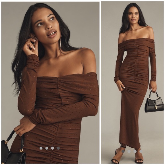 Anthropologie Bardot Artura Off-Shoulder Brown Maxi Dress